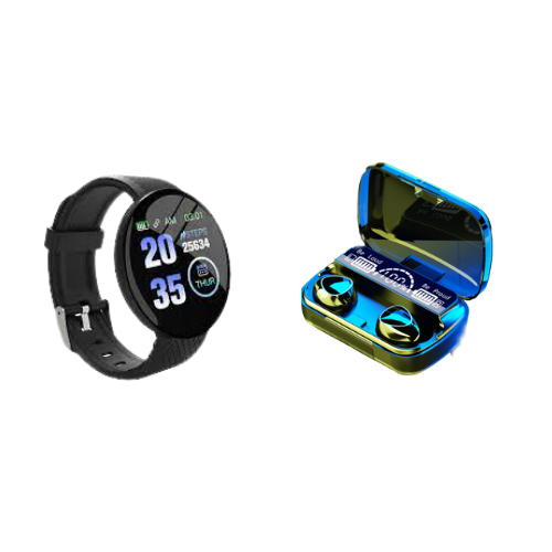 D18 Smart Watch اسود + سماعة ريلمي Buds M10W مزودة بباور بانك